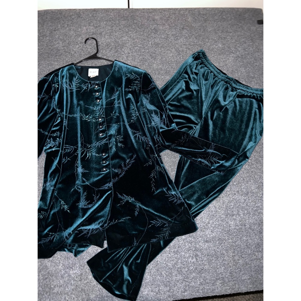 R&M Richards Petite Womens Teal Velvet 2 Piece Tunic and Pants Set Size 16P